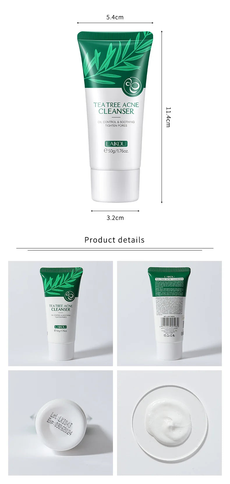 LAlKOU Tea Tree Cleanser Gentle Acne Treatment Blackhead Cleaner Shrink Pore Deep Clean Oil Control Moisturizing Face Skin Care