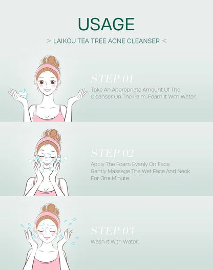 LAlKOU Tea Tree Cleanser Gentle Acne Treatment Blackhead Cleaner Shrink Pore Deep Clean Oil Control Moisturizing Face Skin Care