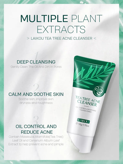 LAlKOU Tea Tree Cleanser Gentle Acne Treatment Blackhead Cleaner Shrink Pore Deep Clean Oil Control Moisturizing Face Skin Care