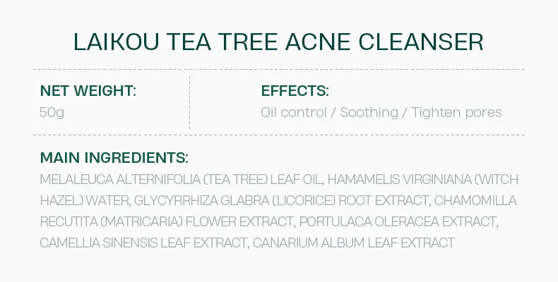 LAlKOU Tea Tree Cleanser Gentle Acne Treatment Blackhead Cleaner Shrink Pore Deep Clean Oil Control Moisturizing Face Skin Care